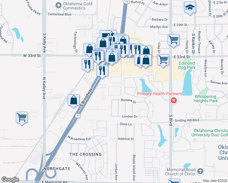 map of restaurants, bars, coffee shops, grocery stores, and more near 61 Bonaire Drive in Edmond