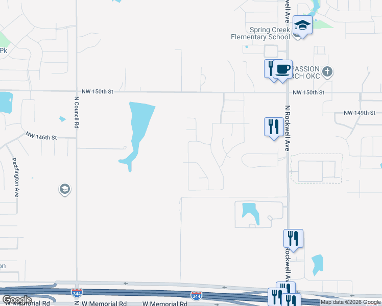 map of restaurants, bars, coffee shops, grocery stores, and more near 14601 Travertine Falls LN in Oklahoma City