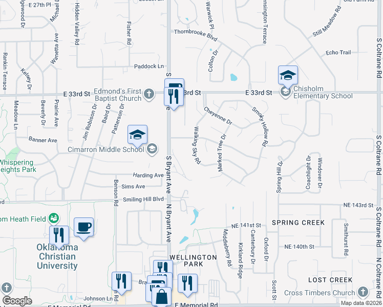 map of restaurants, bars, coffee shops, grocery stores, and more near 3701 Walking Sky Road in Edmond