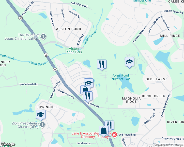 map of restaurants, bars, coffee shops, grocery stores, and more near 614 Andrade Drive in Fuquay-Varina