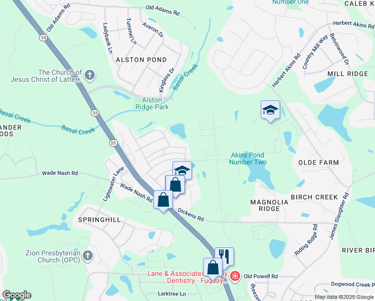 map of restaurants, bars, coffee shops, grocery stores, and more near 614 Andrade Drive in Fuquay-Varina