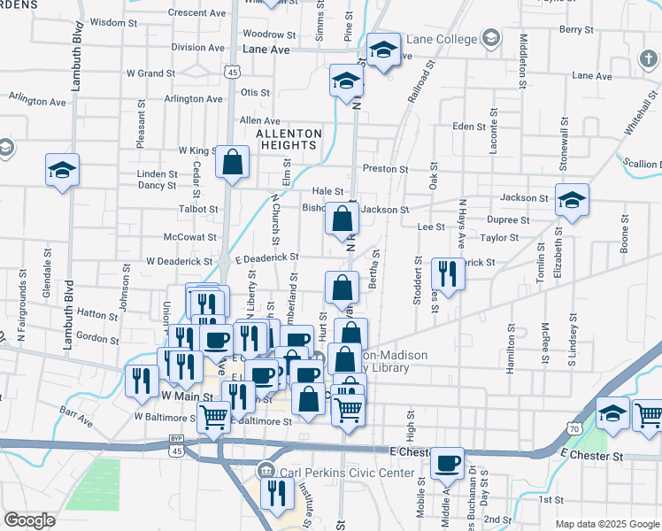 map of restaurants, bars, coffee shops, grocery stores, and more near 407 North Royal Street in Jackson