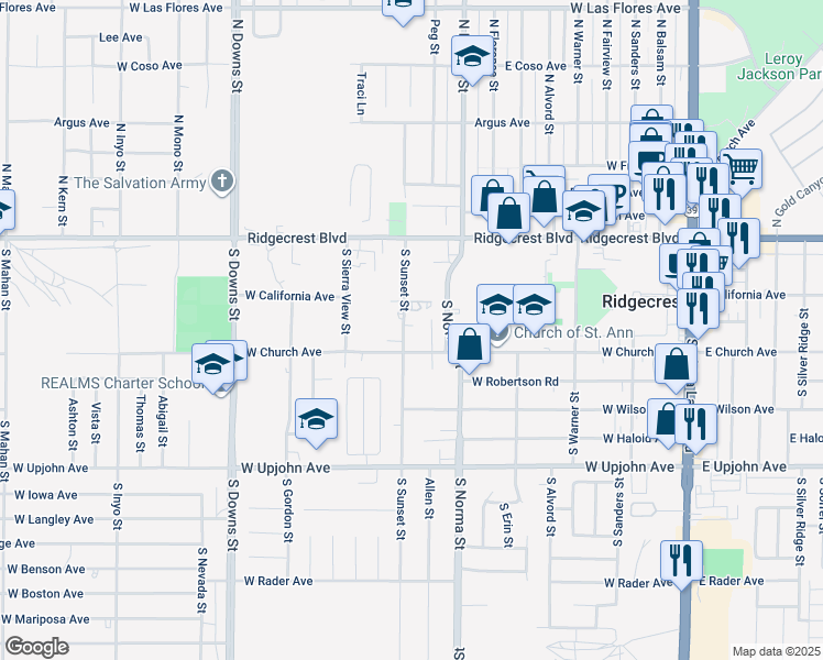 map of restaurants, bars, coffee shops, grocery stores, and more near 230 South Sunset Street in Ridgecrest
