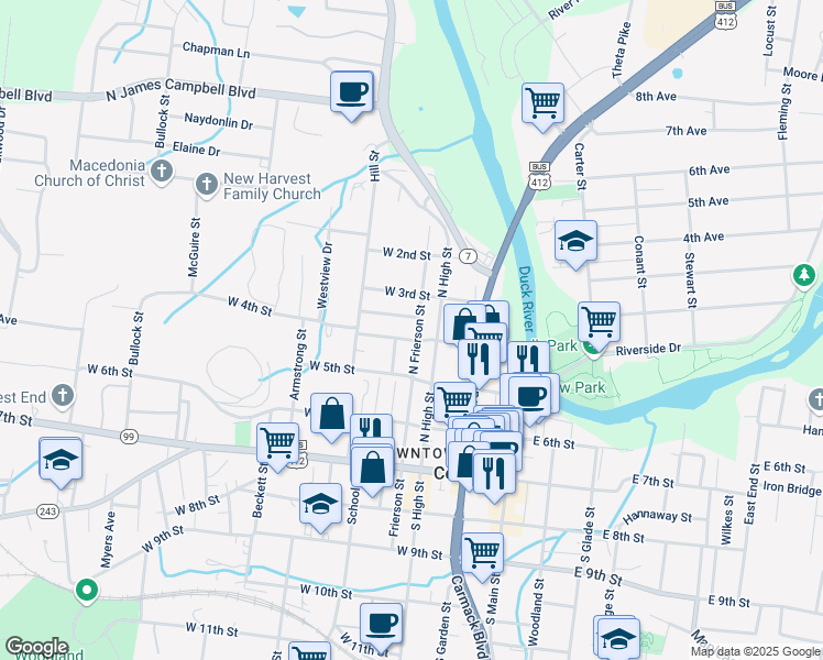 map of restaurants, bars, coffee shops, grocery stores, and more near 507 North Frierson Street in Columbia