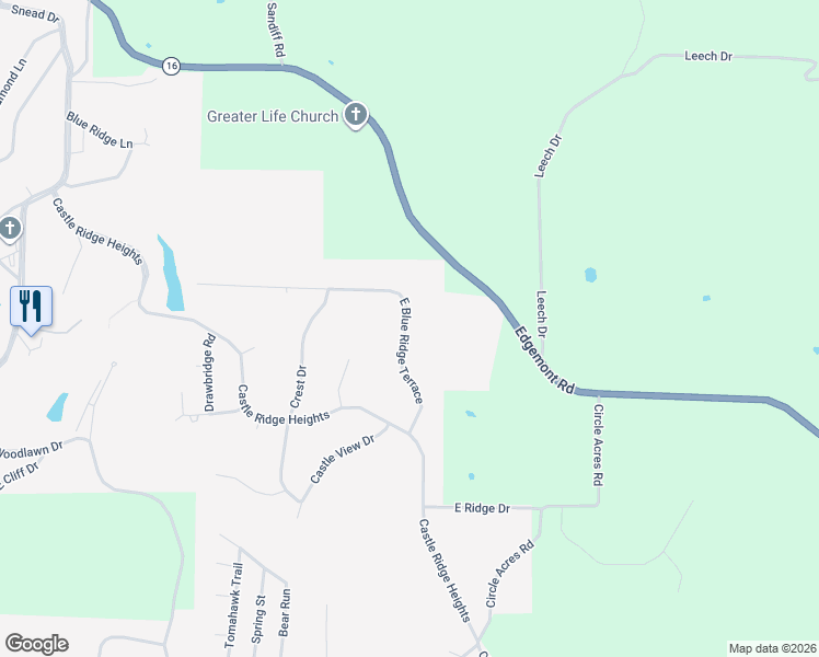 map of restaurants, bars, coffee shops, grocery stores, and more near 125 East Blue Ridge Terrace in Fairfield Bay