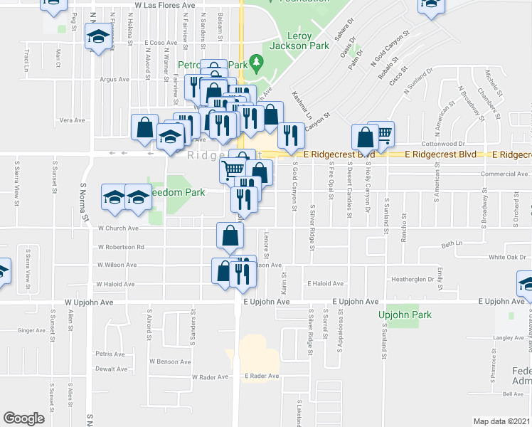 map of restaurants, bars, coffee shops, grocery stores, and more near 118 East Church Avenue in Ridgecrest
