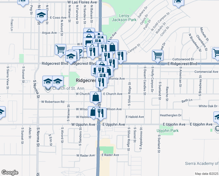 map of restaurants, bars, coffee shops, grocery stores, and more near 118 East Church Avenue in Ridgecrest