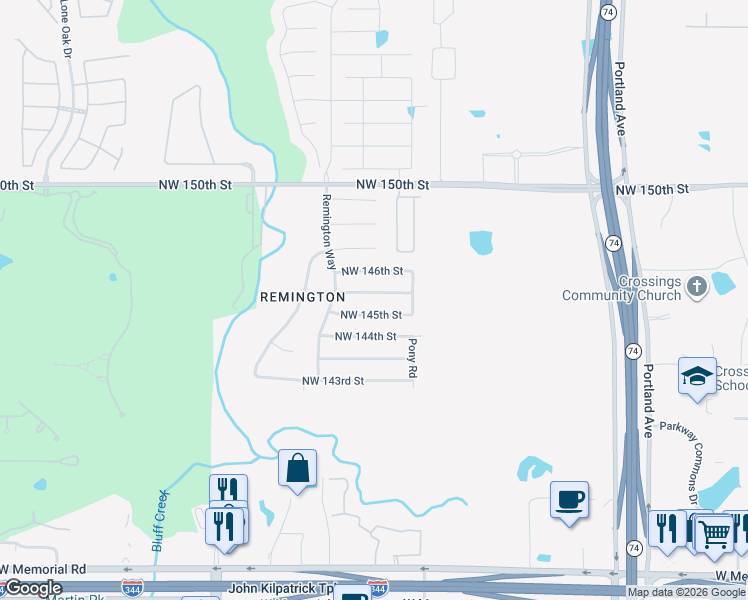 map of restaurants, bars, coffee shops, grocery stores, and more near 4124 Northwest 145th Street in Oklahoma City