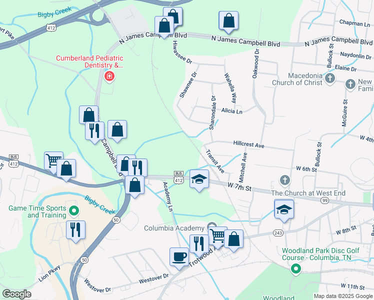 map of restaurants, bars, coffee shops, grocery stores, and more near 1106 West 7th Street in Columbia