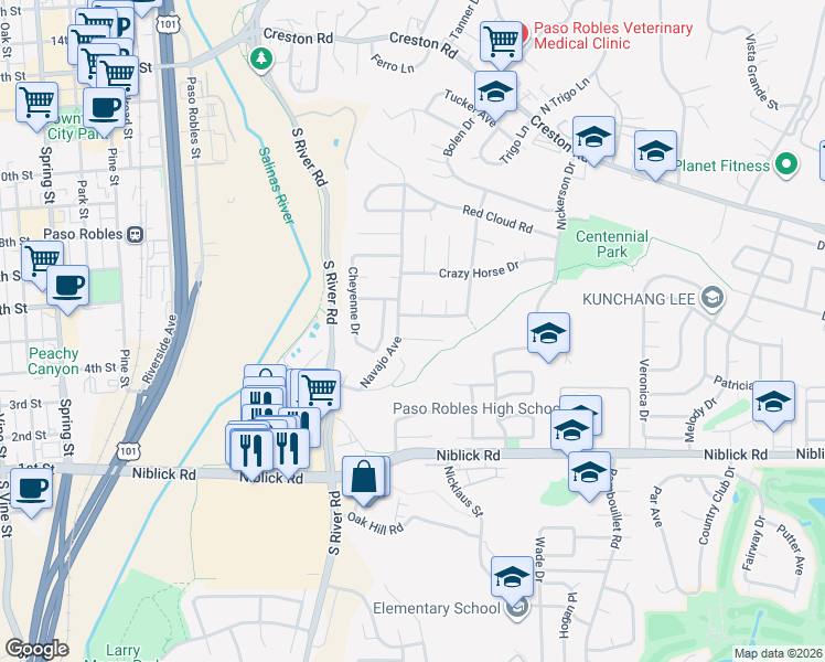 map of restaurants, bars, coffee shops, grocery stores, and more near 308 Rainbow Court in Paso Robles
