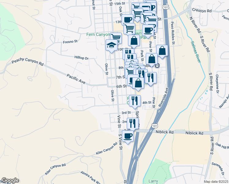 map of restaurants, bars, coffee shops, grocery stores, and more near 521 Vine Street in Paso Robles