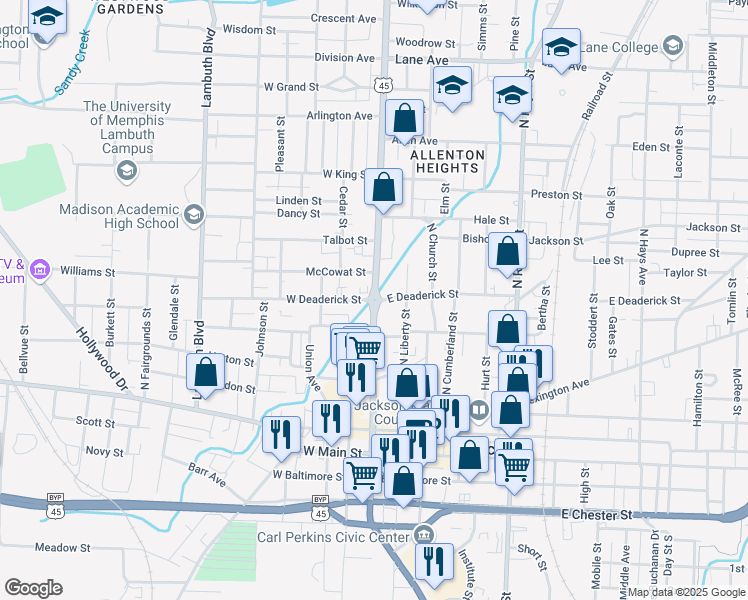 map of restaurants, bars, coffee shops, grocery stores, and more near 60 West Deaderick Street in Jackson
