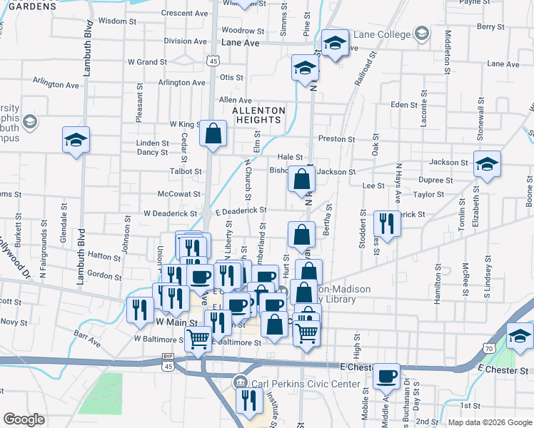 map of restaurants, bars, coffee shops, grocery stores, and more near 204 East Deaderick Street in Jackson