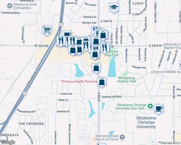 map of restaurants, bars, coffee shops, grocery stores, and more near 157 Stonebridge Boulevard in Edmond