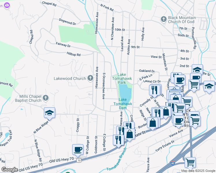 map of restaurants, bars, coffee shops, grocery stores, and more near 400 Hickory Street in Black Mountain