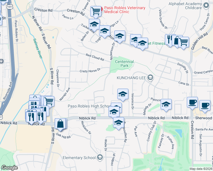 map of restaurants, bars, coffee shops, grocery stores, and more near 470 Nickerson Drive in Paso Robles