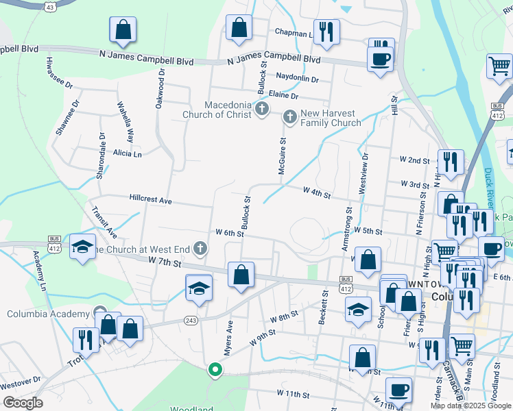 map of restaurants, bars, coffee shops, grocery stores, and more near 608 Bullock Street in Columbia