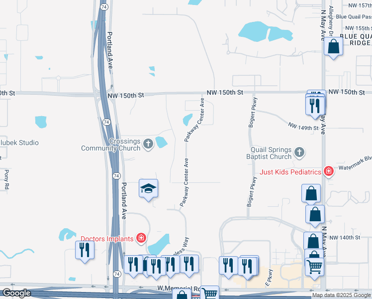 map of restaurants, bars, coffee shops, grocery stores, and more near Parkway Center Avenue in Oklahoma City