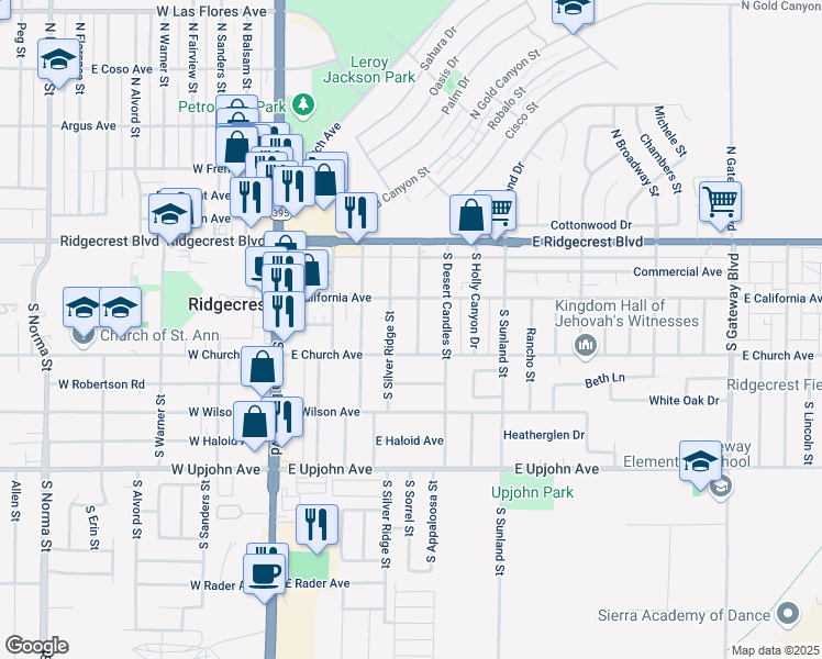 map of restaurants, bars, coffee shops, grocery stores, and more near 227 South Fire Opal Street in Ridgecrest