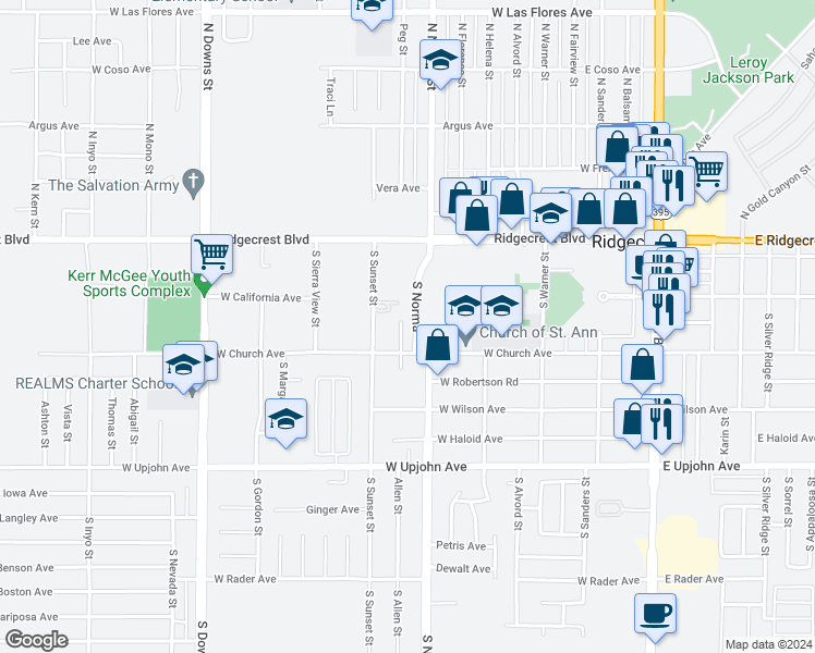 map of restaurants, bars, coffee shops, grocery stores, and more near 233 South Norma Street in Ridgecrest