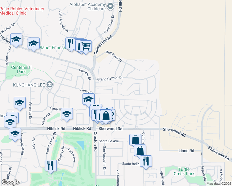 map of restaurants, bars, coffee shops, grocery stores, and more near 1327 White Clover Lane in Paso Robles