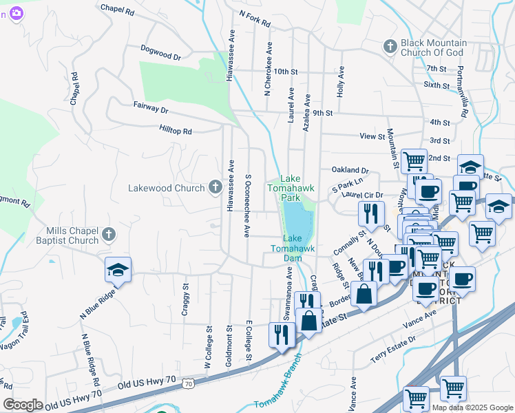 map of restaurants, bars, coffee shops, grocery stores, and more near 400 Hickory Street in Black Mountain