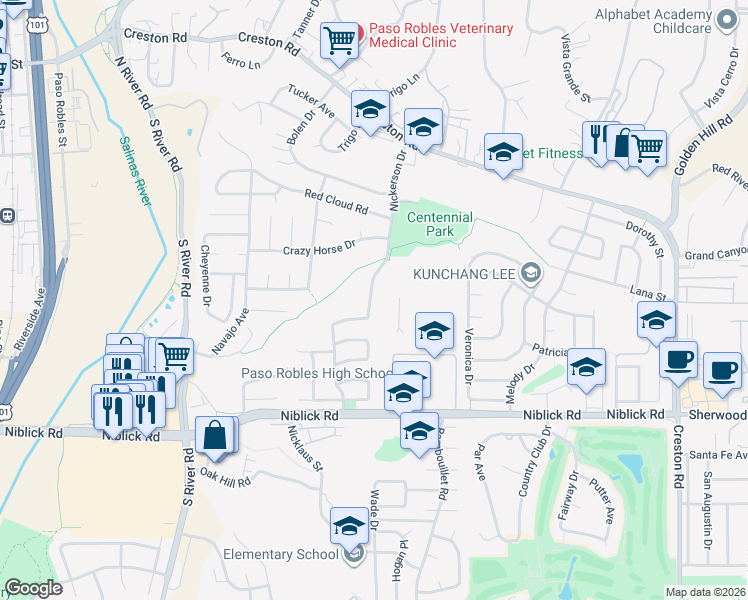 map of restaurants, bars, coffee shops, grocery stores, and more near 470 Nickerson Drive in Paso Robles
