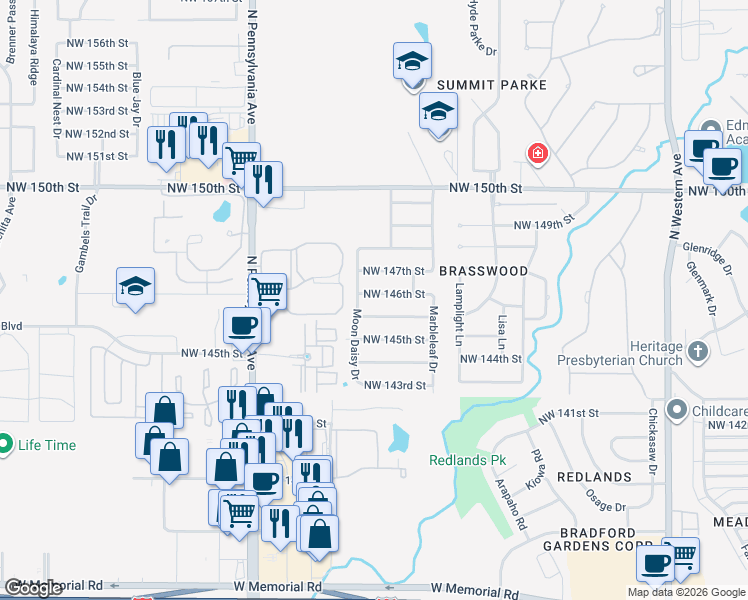 map of restaurants, bars, coffee shops, grocery stores, and more near 1816 Northwest 146th Street in Edmond