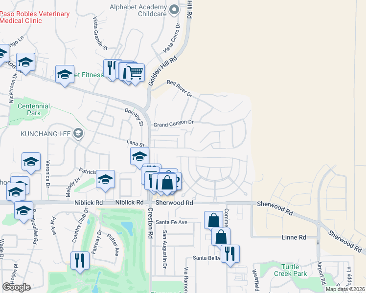 map of restaurants, bars, coffee shops, grocery stores, and more near 1327 White Clover Lane in Paso Robles