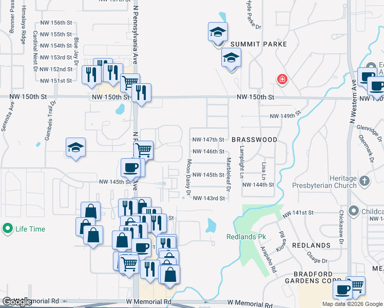 map of restaurants, bars, coffee shops, grocery stores, and more near 1828 Northwest 146th Street in Edmond