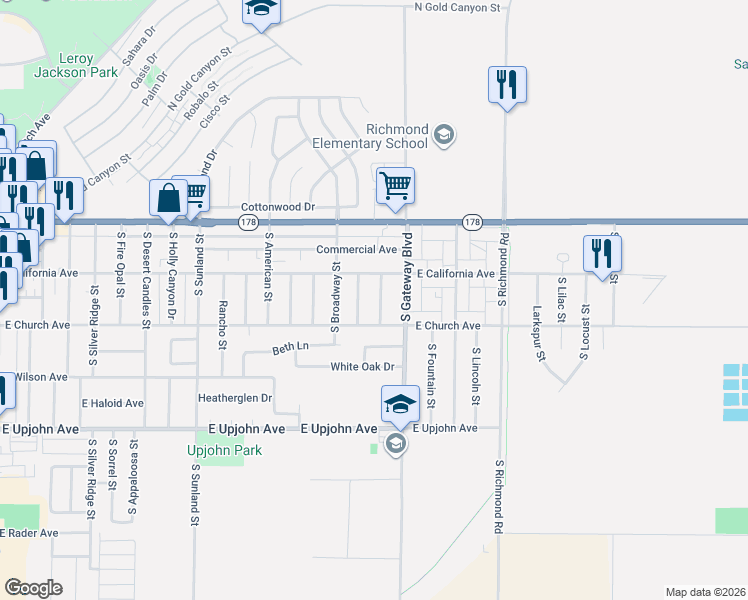 map of restaurants, bars, coffee shops, grocery stores, and more near 807 East California Avenue in Ridgecrest