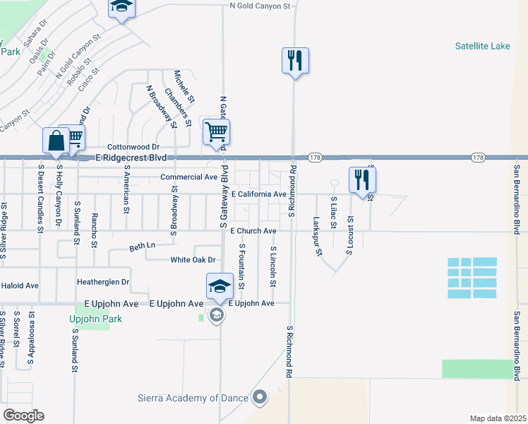map of restaurants, bars, coffee shops, grocery stores, and more near 220 South Valley Street in Ridgecrest