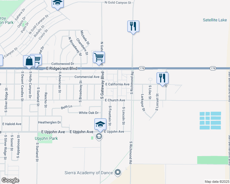 map of restaurants, bars, coffee shops, grocery stores, and more near 927 East California Avenue in Ridgecrest