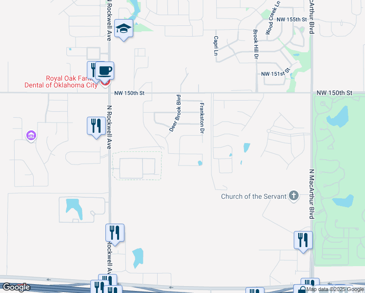 map of restaurants, bars, coffee shops, grocery stores, and more near 15050 North Rockwell Avenue in Oklahoma City
