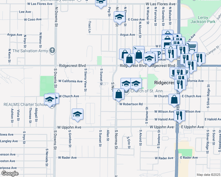 map of restaurants, bars, coffee shops, grocery stores, and more near 234 Sunset Place in Ridgecrest