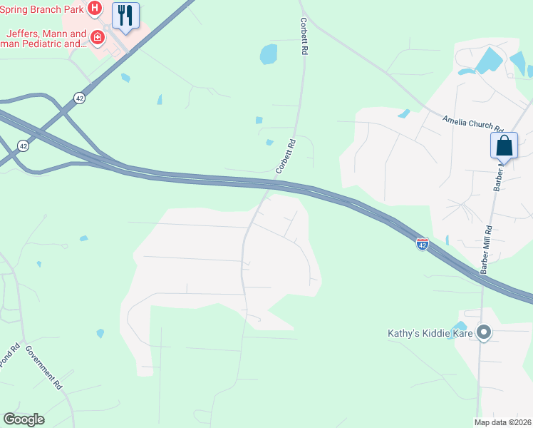 map of restaurants, bars, coffee shops, grocery stores, and more near 531 Corbett Road in Clayton