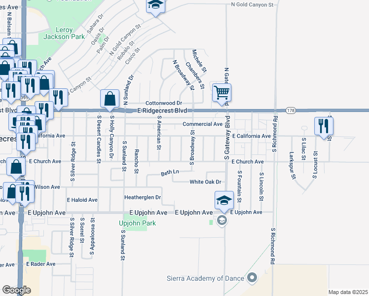 map of restaurants, bars, coffee shops, grocery stores, and more near 723 East California Avenue in Ridgecrest