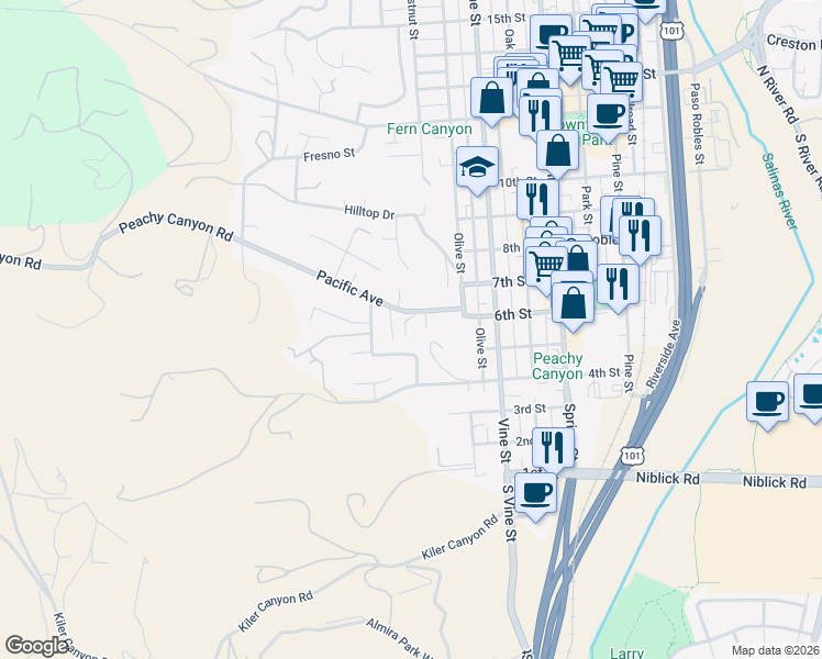 map of restaurants, bars, coffee shops, grocery stores, and more near 170 Pacific Avenue in Paso Robles