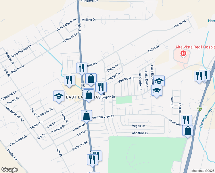 map of restaurants, bars, coffee shops, grocery stores, and more near 2444 Sagebrush Street in Las Vegas
