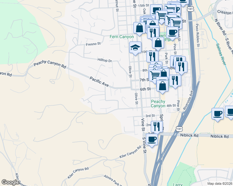 map of restaurants, bars, coffee shops, grocery stores, and more near 170 Pacific Avenue in Paso Robles