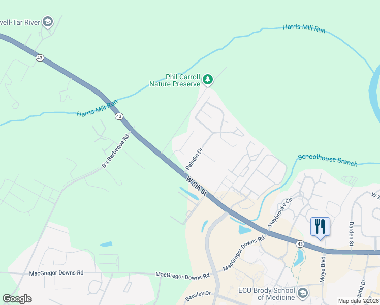 map of restaurants, bars, coffee shops, grocery stores, and more near 412 Paladin Drive in Greenville