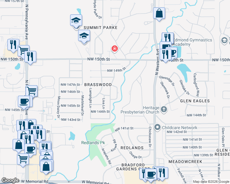map of restaurants, bars, coffee shops, grocery stores, and more near 14716 Brasswood Boulevard in Edmond