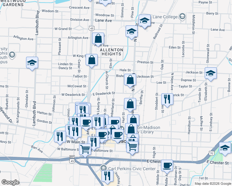 map of restaurants, bars, coffee shops, grocery stores, and more near 204 East Deaderick Street in Jackson
