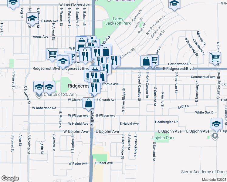 map of restaurants, bars, coffee shops, grocery stores, and more near 200 South Gemstone Street in Ridgecrest
