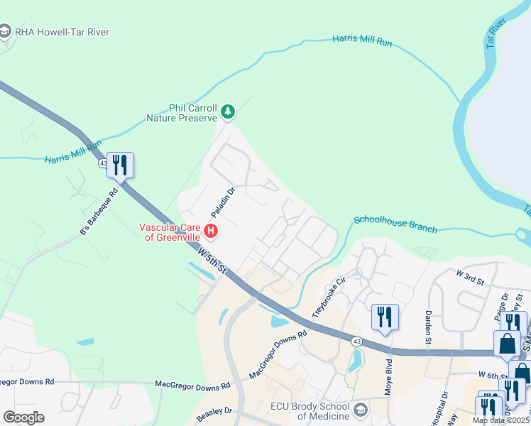 map of restaurants, bars, coffee shops, grocery stores, and more near 2508 Bluff View Court in Greenville