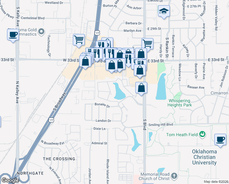 map of restaurants, bars, coffee shops, grocery stores, and more near 157 Stonebridge Boulevard in Edmond