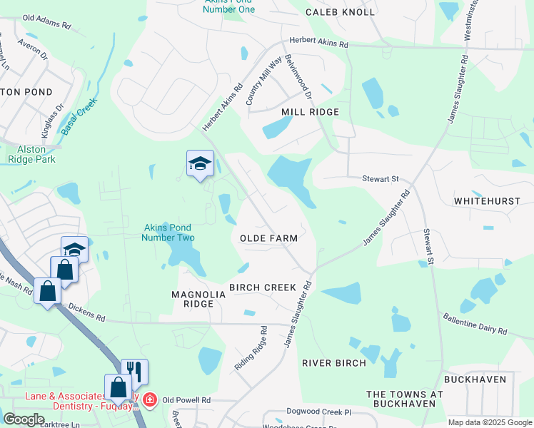 map of restaurants, bars, coffee shops, grocery stores, and more near 2149 Mills Crest Street in Fuquay-Varina