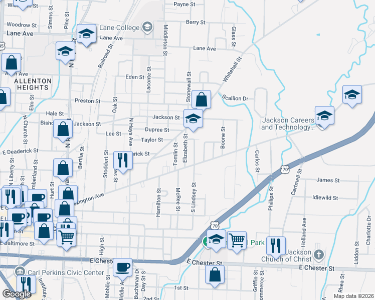 map of restaurants, bars, coffee shops, grocery stores, and more near 130 Elizabeth Street in Jackson