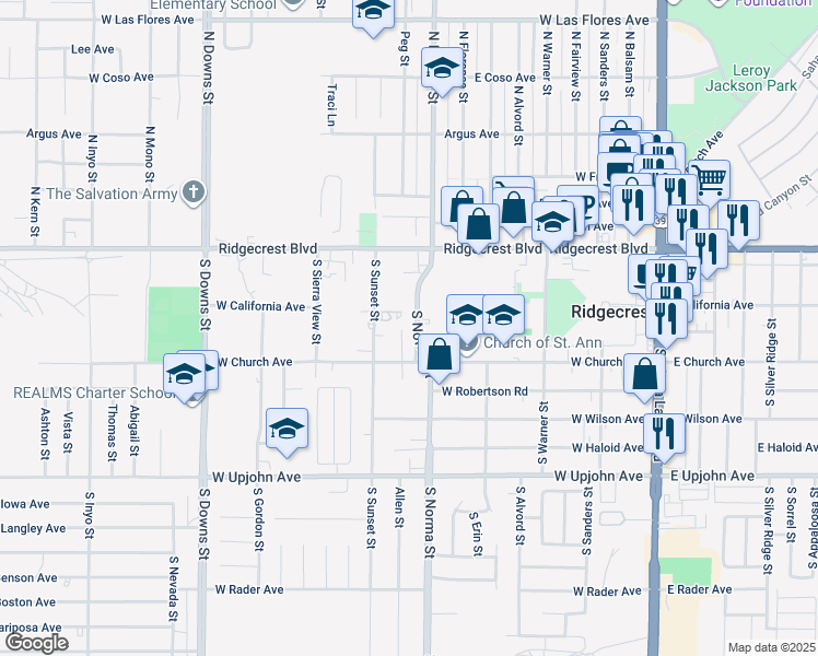 map of restaurants, bars, coffee shops, grocery stores, and more near 229 South Norma Street in Ridgecrest