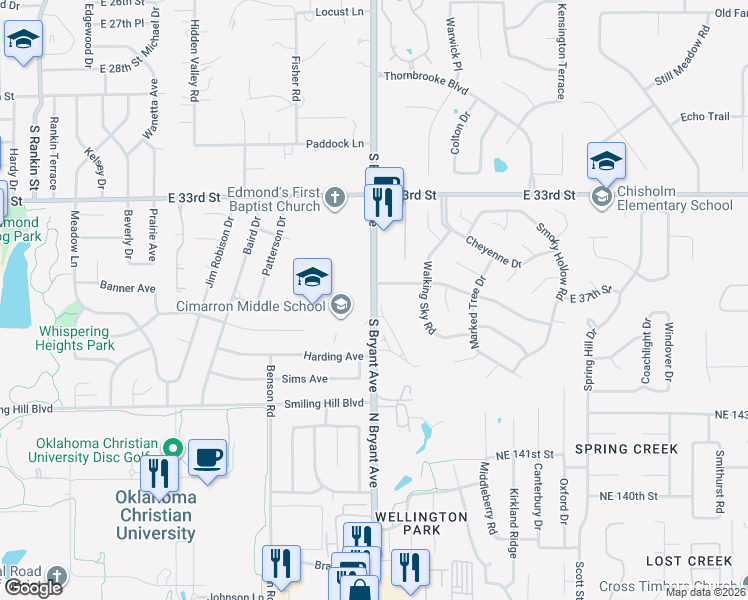 map of restaurants, bars, coffee shops, grocery stores, and more near 3701 South Bryant Avenue in Edmond